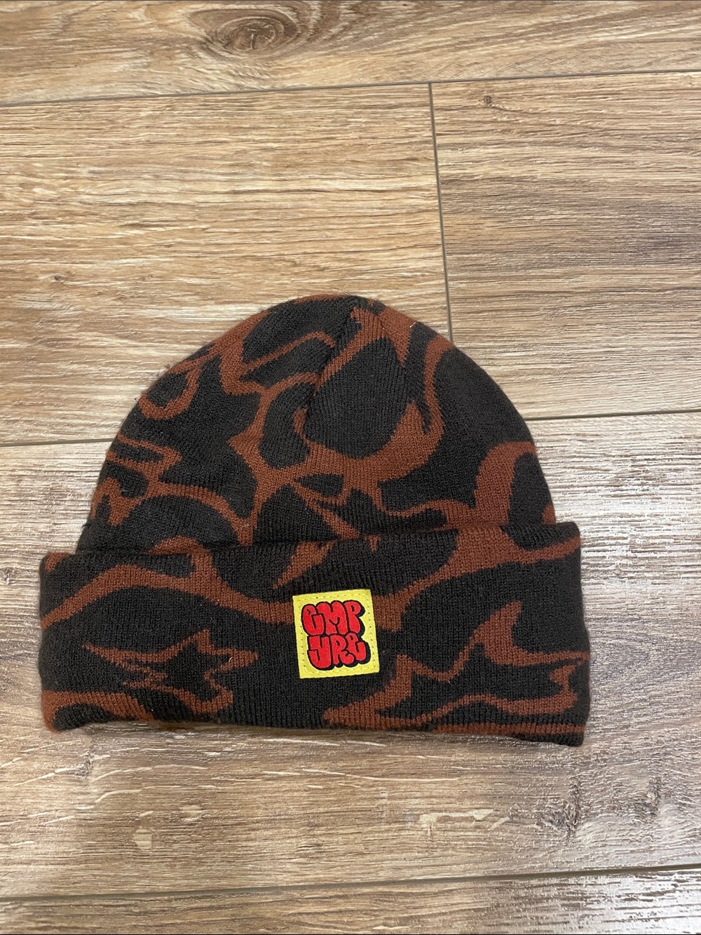 Empyre Black & Brown Patterned Kids Beanie with Yellow Patch